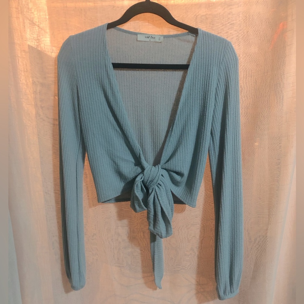 Women’s Tie-Front Long Sleeve Cover Up - Baby blue - Size: Medium